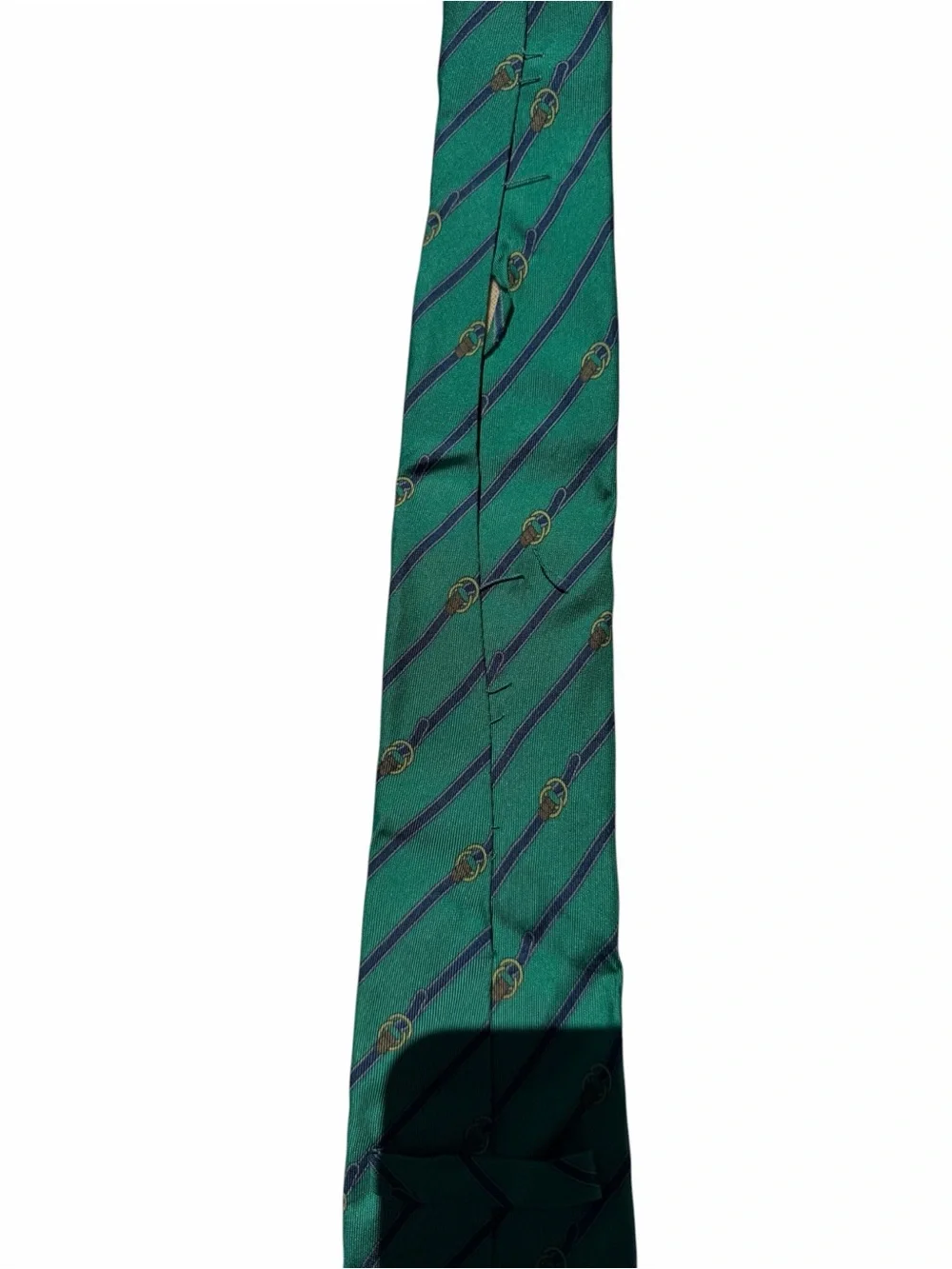 Gucci Green Tie with Navy Diagonal Stripes and Gold Motifs vintage repurpose